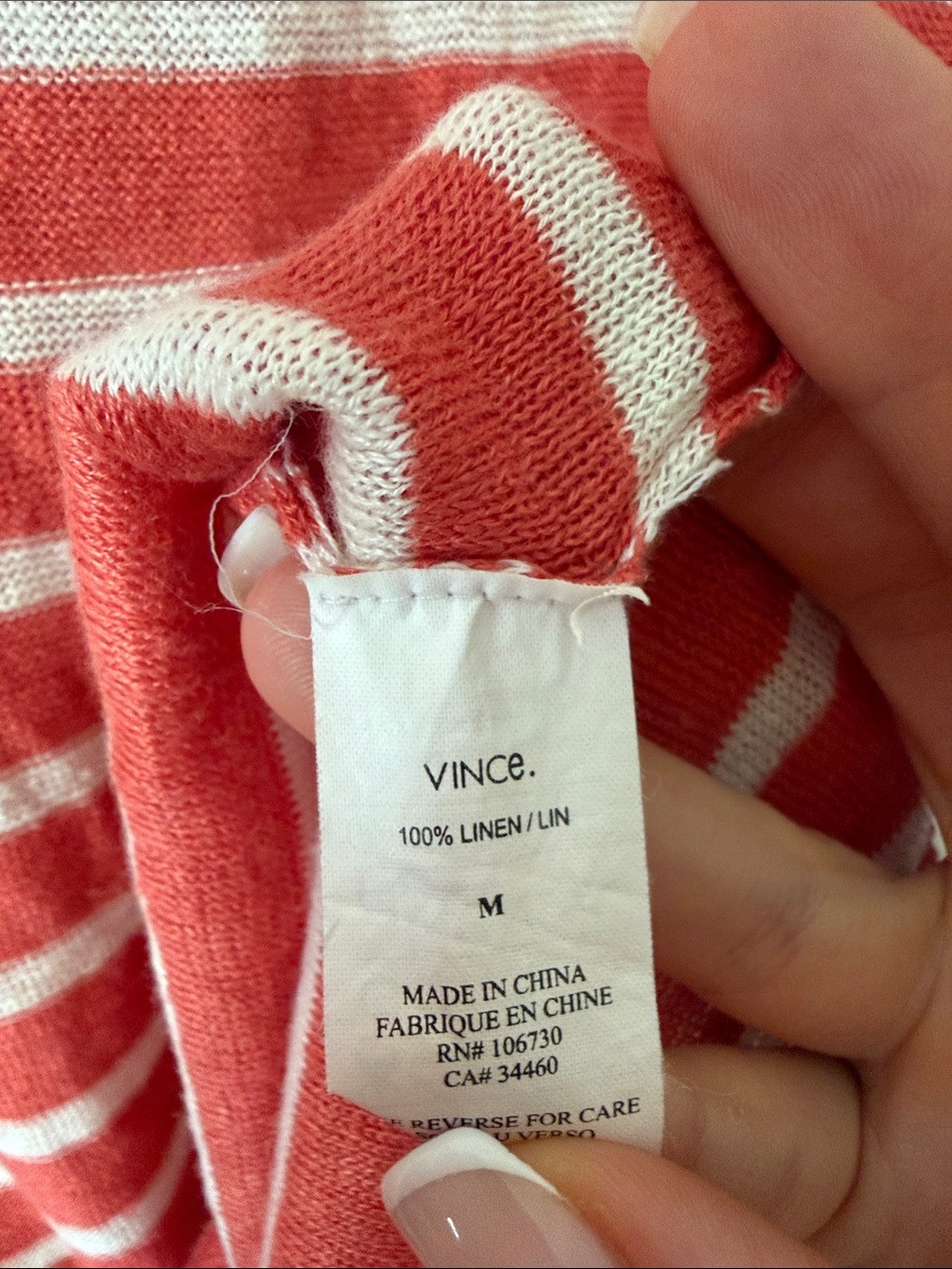 Vince 100% Linen Long-Sleeve Top Size M Orange Ivory Coastal Soft Stretchy - Picture 4 of 6